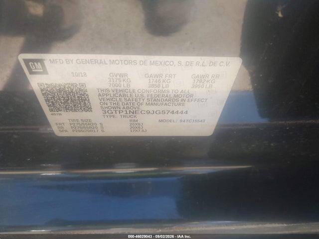 2018 Gmc Sierra 1500 Slt მანქანა იყიდება აუქციონზე, vin: 3GTP1NEC9JG574444, აუქციონის ნომერი: 46029043