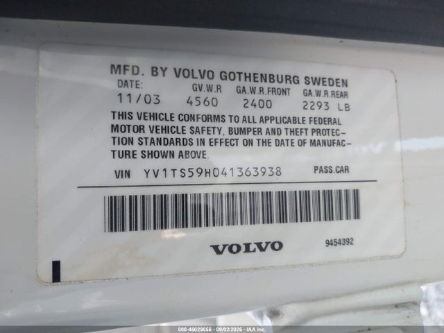 Aukcja sprzedaży 2004 Volvo S80 2.5t, vin: YV1TS59H041363938, numer aukcji: 46029056
