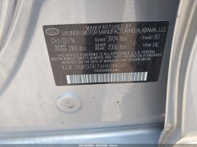 Aukcja sprzedaży 2017 Hyundai Elantra Se, vin: 5NPD74LF6HH144249, numer aukcji: 46029093