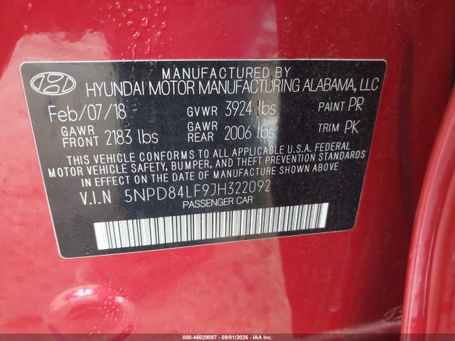 2018 Hyundai Elantra Sel მანქანა იყიდება აუქციონზე, vin: 5NPD84LF9JH322092, აუქციონის ნომერი: 46029097