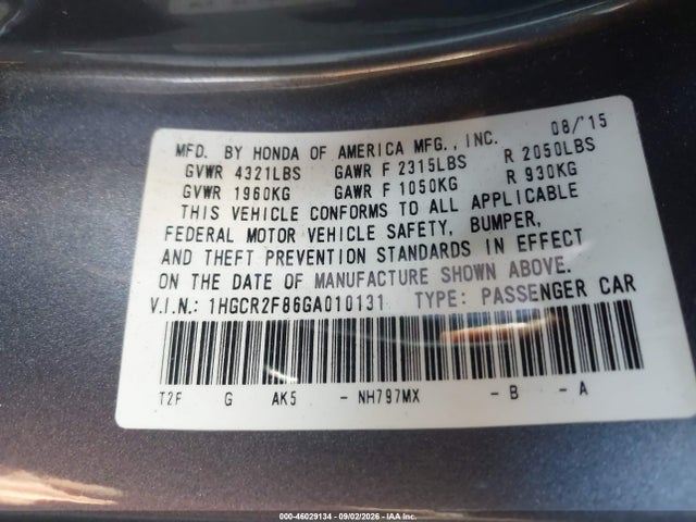 Продажа на аукционе авто 2016 Honda Accord Ex-l, vin: 1HGCR2F86GA010131, номер лота: 46029134