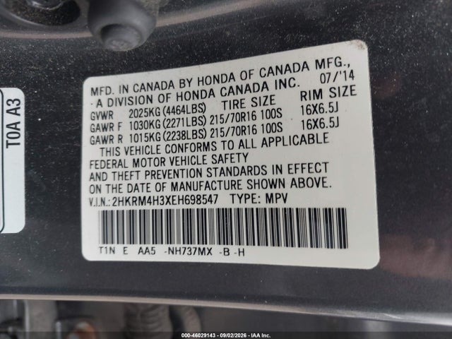 2014 Honda Cr-v Lx მანქანა იყიდება აუქციონზე, vin: 2HKRM4H3XEH698547, აუქციონის ნომერი: 46029143
