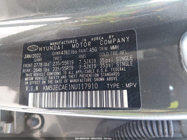 Aukcja sprzedaży 2022 Hyundai Tucson Limited, vin: KM8JECAE1NU117910, numer aukcji: 46029148