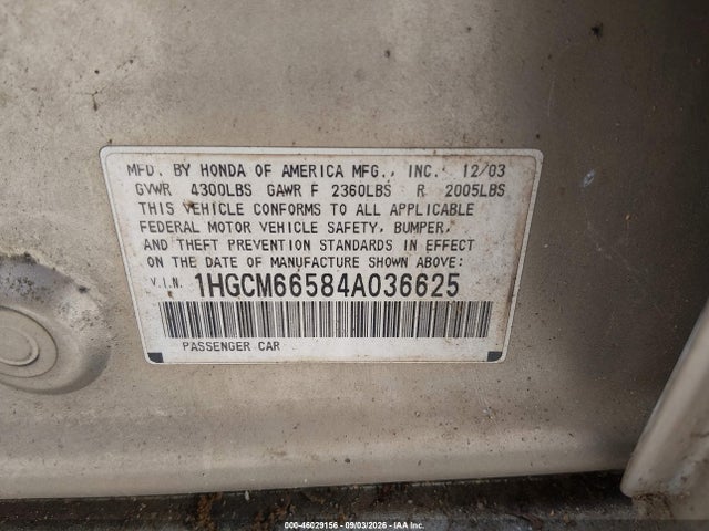 Aukcja sprzedaży 2004 Honda Accord 3.0 Ex, vin: 1HGCM66584A036625, numer aukcji: 46029156