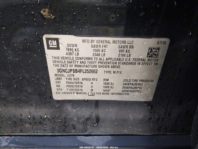Продаж на аукціоні авто 2015 Chevrolet Trax 1ls, vin: 3GNCJPSB4FL252662, номер лоту: 46029157