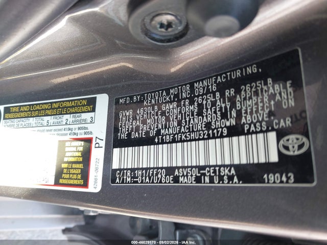 46029170 :رقم المزاد ، 4T1BF1FK5HU321179 vin ، 2017 Toyota Camry Se مزاد بيع
