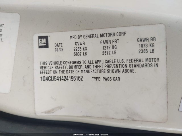 2002 Buick Park Avenue Ultra მანქანა იყიდება აუქციონზე, vin: 1G4CU541424196162, აუქციონის ნომერი: 46029171