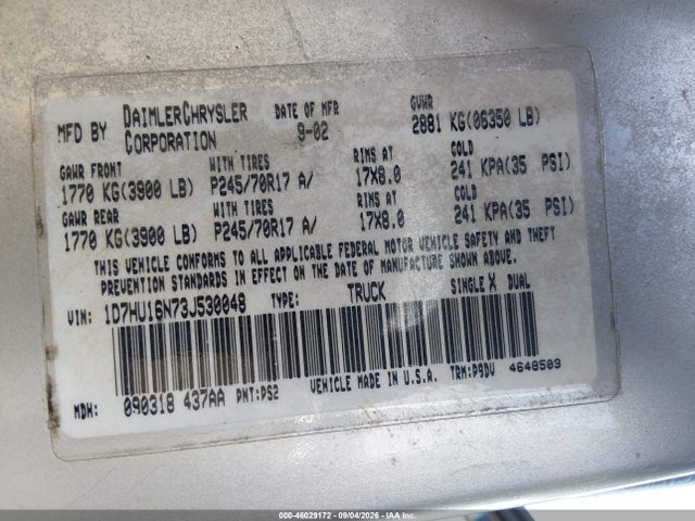 2003 Dodge Ram 1500 Slt/laramie/st მანქანა იყიდება აუქციონზე, vin: 1D7HU16N73J530048, აუქციონის ნომერი: 46029172