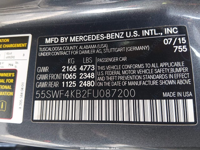 Продажа на аукционе авто 2015 Mercedes-benz C 300 4matic, vin: 55SWF4KB2FU087200, номер лота: 46029177