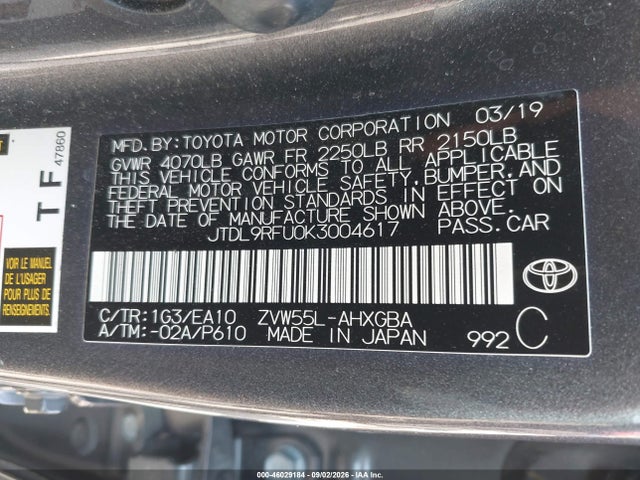 Aukcja sprzedaży 2019 Toyota Prius Xle, vin: JTDL9RFU0K3004617, numer aukcji: 46029184