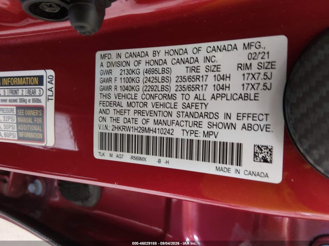 2021 Honda Cr-v 2wd Lx მანქანა იყიდება აუქციონზე, vin: 2HKRW1H29MH410242, აუქციონის ნომერი: 46029188