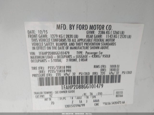 46029196 :رقم المزاد ، 1FAHP2D88GG101479 vin ، 2016 Ford Taurus Se مزاد بيع