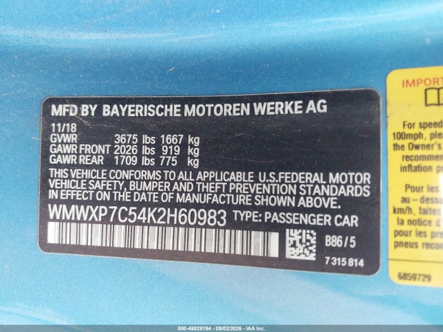 2019 Mini Hardtop Cooper S მანქანა იყიდება აუქციონზე, vin: WMWXP7C54K2H60983, აუქციონის ნომერი: 46029194