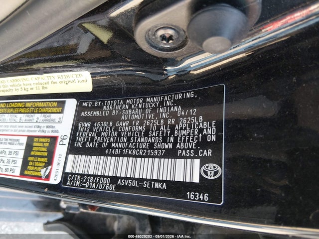 2012 Toyota Camry Le მანქანა იყიდება აუქციონზე, vin: 4T4BF1FK8CR215937, აუქციონის ნომერი: 46029202