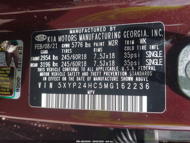 2021 Kia Telluride Lx მანქანა იყიდება აუქციონზე, vin: 5XYP24HC5MG162236, აუქციონის ნომერი: 46029209