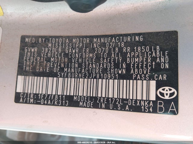 Toyota COROLLA LE 2018 5YFBURHE2JP810951 Image 9