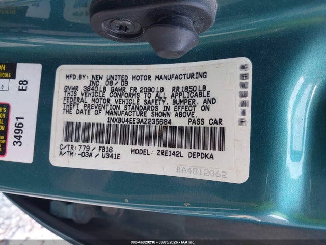 2010 Toyota Corolla მანქანა იყიდება აუქციონზე, vin: 1NXBU4EE3AZ235684, აუქციონის ნომერი: 46029236