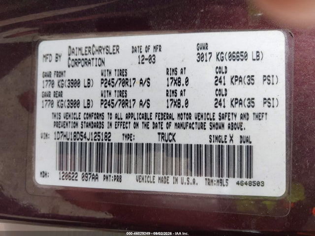 2004 Dodge Ram 1500 Slt/laramie მანქანა იყიდება აუქციონზე, vin: 1D7HU18D54J125182, აუქციონის ნომერი: 46029249