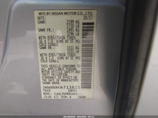 46029259 :رقم المزاد ، 1N6AD0ER4JN713825 vin ، 2018 Nissan Frontier Sv مزاد بيع
