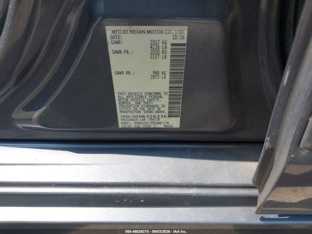 Продаж на аукціоні авто 2017 Nissan Altima 2.5 Sr, vin: 1N4AL3AP4HN316336, номер лоту: 46029270