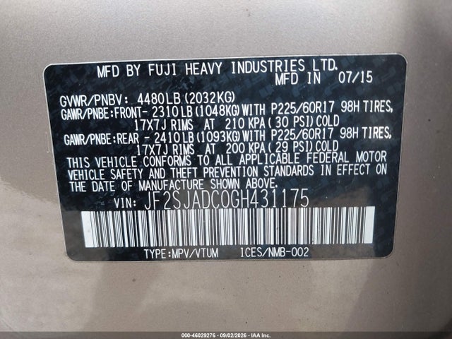 46029276 :رقم المزاد ، JF2SJADC0GH431175 vin ، 2016 Subaru Forester 2.5i Premium مزاد بيع