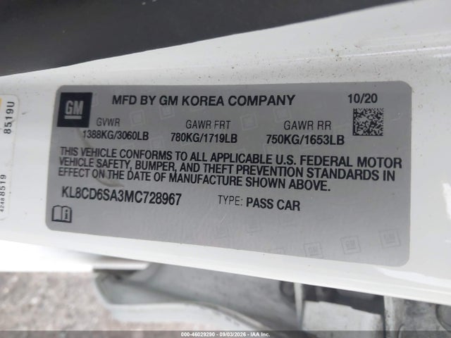 46029290 :رقم المزاد ، KL8CD6SA3MC728967 vin ، 2021 Chevrolet Spark Fwd 1lt Automatic مزاد بيع