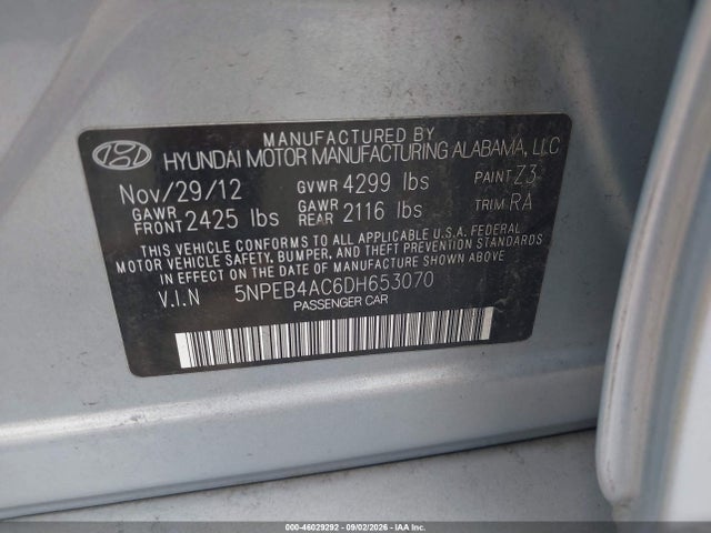 Aukcja sprzedaży 2013 Hyundai Sonata Gls, vin: 5NPEB4AC6DH653070, numer aukcji: 46029292