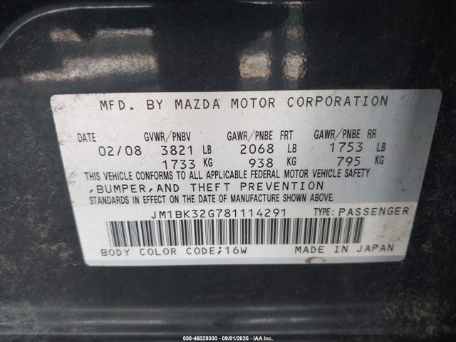 2008 Mazda Mazda3 I Touring Value მანქანა იყიდება აუქციონზე, vin: JM1BK32G781114291, აუქციონის ნომერი: 46029300