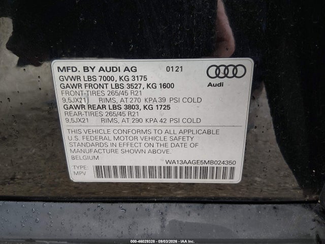 2021 Audi E-tron Sportback Prestige Quattro მანქანა იყიდება აუქციონზე, vin: WA13AAGE5MB024350, აუქციონის ნომერი: 46029328