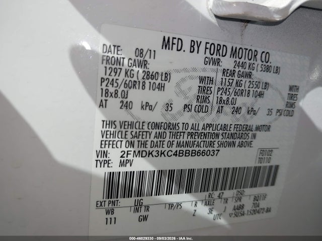 Продажа на аукционе авто 2011 Ford Edge Limited, vin: 2FMDK3KC4BBB66037, номер лота: 46029330