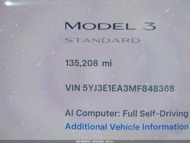 Aukcja sprzedaży 2021 Tesla Model 3 Standard Range Plus Rear-wheel Drive, vin: 5YJ3E1EA3MF848368, numer aukcji: 46029332