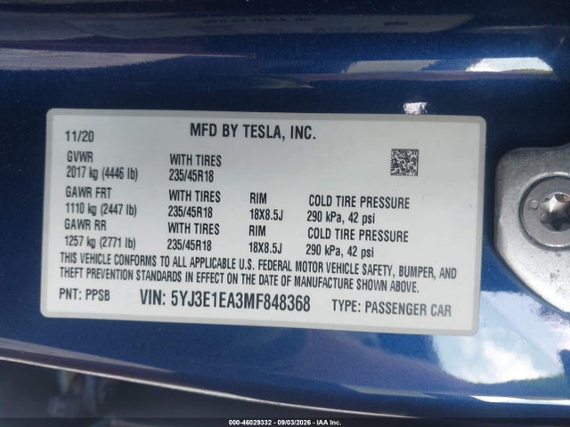 Aukcja sprzedaży 2021 Tesla Model 3 Standard Range Plus Rear-wheel Drive, vin: 5YJ3E1EA3MF848368, numer aukcji: 46029332