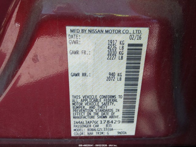 Aukcja sprzedaży 2016 Nissan Altima 2.5/2.5 S/2.5 Sl/2.5 Sr/2.5 Sv, vin: 1N4AL3AP7GC178429, numer aukcji: 46029341
