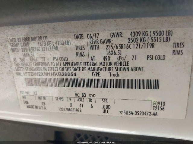 46029347 :رقم المزاد ، 1FTBW2XM1HKB26654 vin ، 2017 Ford Transit-350 مزاد بيع