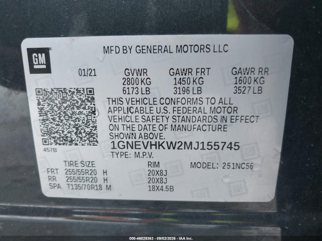 Aukcja sprzedaży 2021 Chevrolet Traverse Awd Lt Leather, vin: 1GNEVHKW2MJ155745, numer aukcji: 46029363