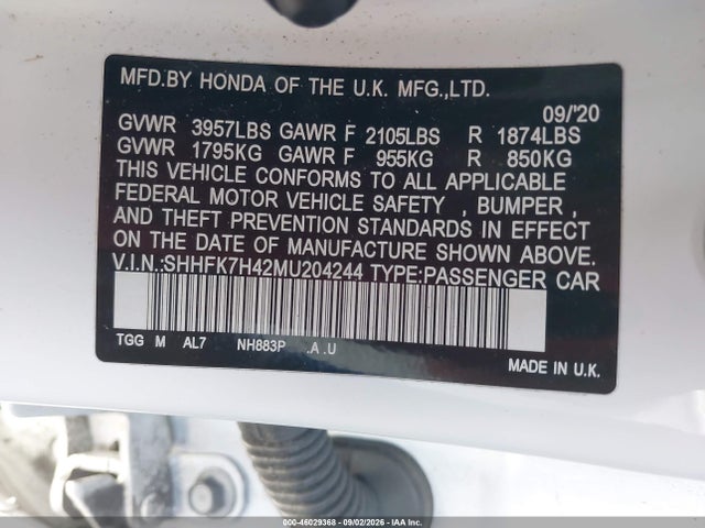Aukcja sprzedaży 2021 Honda Civic Sport, vin: SHHFK7H42MU204244, numer aukcji: 46029368