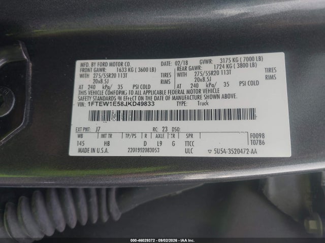 Aukcja sprzedaży 2018 Ford F-150 Lariat, vin: 1FTEW1E58JKD49833, numer aukcji: 46029372