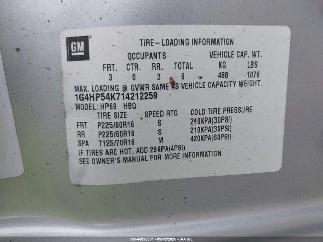 Продаж на аукціоні авто 2001 Buick Lesabre Custom, vin: 1G4HP54K714212259, номер лоту: 46029381
