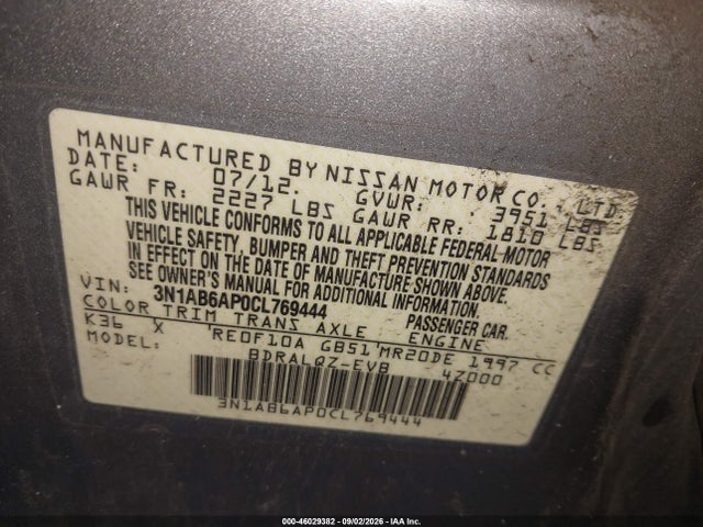 Aukcja sprzedaży 2012 Nissan Sentra 2.0, vin: 3N1AB6AP0CL769444, numer aukcji: 46029382