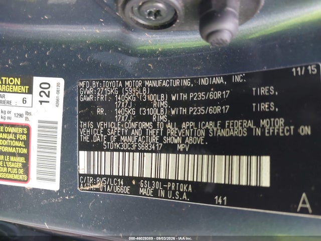 5TDYK3DC3FS683417 Toyota Sienna Xle 8 Passenger