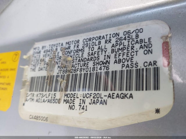 46029392 :رقم المزاد ، JT8BH28F8Y0181476 vin ، 2000 Lexus Ls 400 مزاد بيع