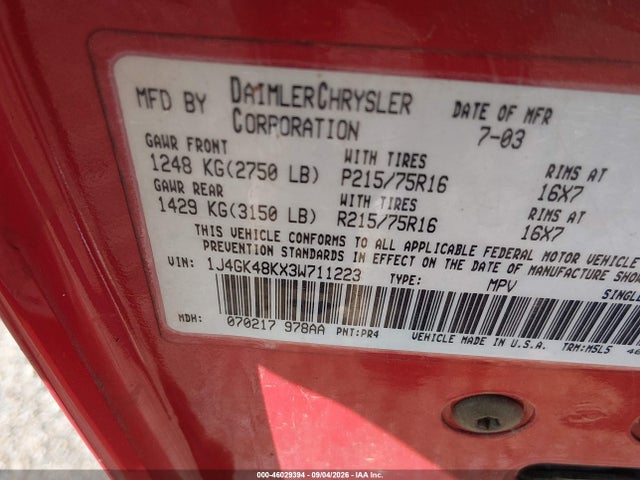 Продажа на аукционе авто 2003 Jeep Liberty Sport, vin: 1J4GK48KX3W711223, номер лота: 46029394