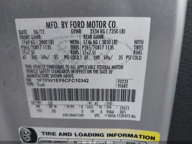 Продажа на аукционе авто 2012 Ford F-150 Xlt, vin: 1FTFW1EF6CFC10342, номер лота: 46029398