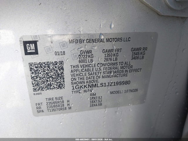 46029401 :رقم المزاد ، 1GKKNMLS1JZ195980 vin ، 2018 Gmc Acadia Slt-1 مزاد بيع