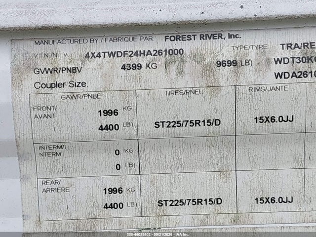Продажа на аукционе авто 2017 Forest River M-30kqbss, vin: 4X4TWDF24HA261000, номер лота: 46029402