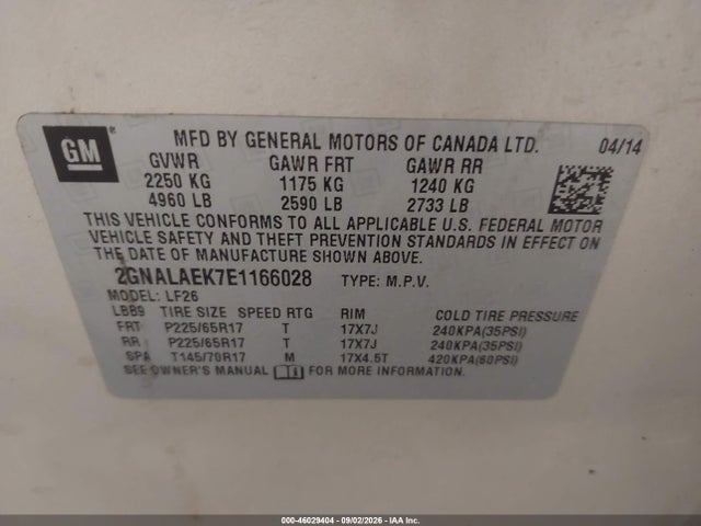46029404 :رقم المزاد ، 2GNALAEK7E1166028 vin ، 2014 Chevrolet Equinox Ls مزاد بيع
