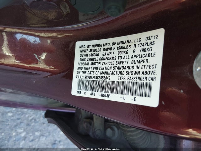 Продаж на аукціоні авто 2012 Honda Civic Lx, vin: 19XFB2F54CE055842, номер лоту: 46029419