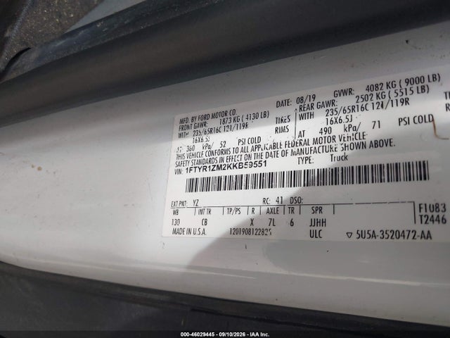 2019 Ford Transit-250 მანქანა იყიდება აუქციონზე, vin: 1FTYR1ZM2KKB59551, აუქციონის ნომერი: 46029445