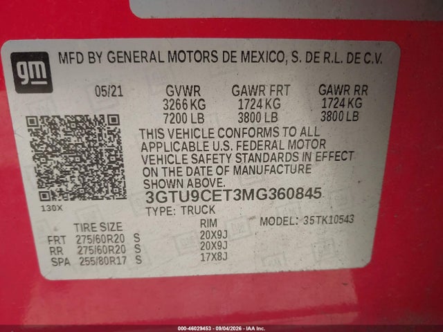 Продаж на аукціоні авто 2021 Gmc Sierra 1500 4wd  Short Box Elevation, vin: 3GTU9CET3MG360845, номер лоту: 46029453