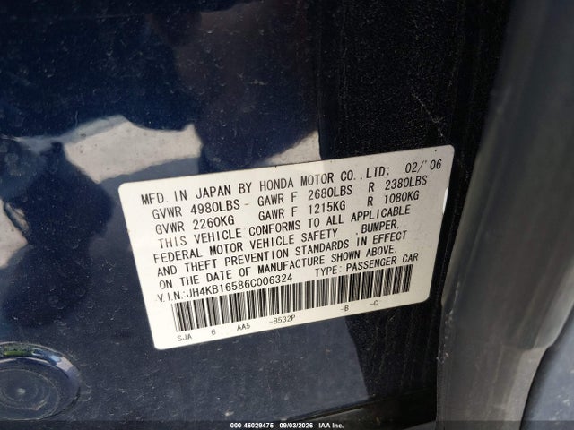46029475 :رقم المزاد ، JH4KB16586C006324 vin ، 2006 Acura Rl 3.5 مزاد بيع